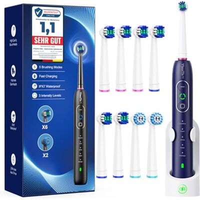YTEATH PRO Rotierende Elektrische Zahnbürste für Erwachsene und Kinder mit 8 Aufsteckbürste (2 Typen), 3 Intensitäten, 5 Modi, Electric Toothbrush mit Wandhalterung Ladestation (Blau) YTEATH PRO Rotierende Elektrische Zahnbürste für Erwachsene und Kinder mit 8 Aufsteckbürste (2 Typen), 3 Intensitäten, 5 Modi, Electric Toothbrush mit Wandhalterung Ladestation (Blau)