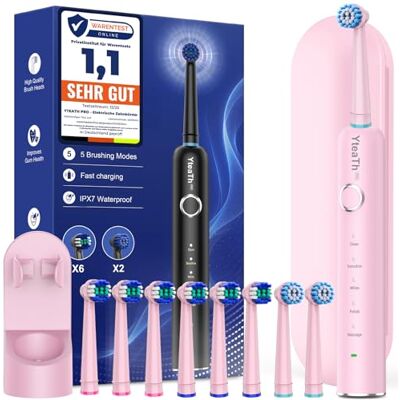 YTEATH PRO Rotierend Elektrische Zahnbürsten für Erwachsene und Kinder mit 8 Aufsteckbürste, Electric Toothbrush mit Wandhalterung Ladestation, 5 Putzmodi und Reiseetui, 60 Tage Akkulaufzeit (Pink) YTEATH PRO Rotierend Elektrische Zahnbürsten für Erwachsene und Kinder mit 8 Aufsteckbürste, Electric Toothbrush mit Wandhalterung Ladestation, 5 Putzmodi und Reiseetui, 60 Tage Akkulaufzeit (Pink)