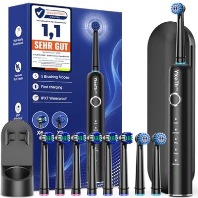 YTEATH PRO Rotierend Elektrische Zahnbürsten für Erwachsene und Kinder mit 8 Aufsteckbürste, Electric Toothbrush mit Wandhalterung Ladestation, 5 Putzmodi und Reiseetui, 60 Tage Akkulaufzeit YTEATH PRO Rotierend Elektrische Zahnbürsten für Erwachsene und Kinder mit 8 Aufsteckbürste, Electric Toothbrush mit Wandhalterung Ladestation, 5 Putzmodi und Reiseetui, 60 Tage Akkulaufzeit