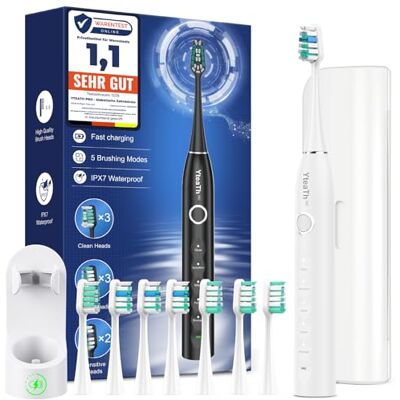 YTEATH PRO Elektrische Zahnbürste für Erwachsene und Kinder Schallzahnbürste, Electric Toothbrush mit 8 Bürstenköpfen (3 Typen), 90 Tagen Akkulaufzeit, 5-Modi, 50000VPM, Reiseetui, Timer (White) YTEATH PRO Elektrische Zahnbürste für Erwachsene und Kinder Schallzahnbürste, Electric Toothbrush mit 8 Bürstenköpfen (3 Typen), 90 Tagen Akkulaufzeit, 5-Modi, 50000VPM, Reiseetui, Timer (White)