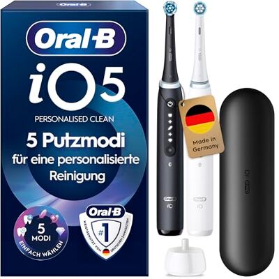 Oral-B iO Series 5 Elektrische Zahnbürste Doppelpack — Electric Toothbrush, Inkl. 2 Aufsteckbürsten und Reise-Etui — 5 Putzmodi für Zahnpflege, Zahnbürste Elektrisch, Designed by Braun, Schwarz/Weiß Oral-B iO Series 5 Elektrische Zahnbürste Doppelpack — Electric Toothbrush, Inkl. 2 Aufsteckbürsten und Reise-Etui — 5 Putzmodi für Zahnpflege, Zahnbürste Elektrisch, Designed by Braun, Schwarz/Weiß