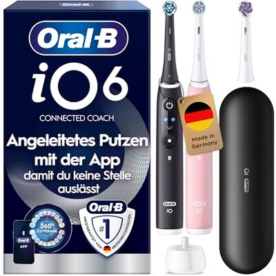 Oral-B iO Series 6 Elektrische Zahnbürste, Doppelpack, Schwarz/Rosa Inkl. 3 Aufsteckbürsten, Reise-Etui, Electric Toothbrush mit 5 Putzmodi für Zahnpflege Oral-B iO Series 6 Elektrische Zahnbürste, Doppelpack, Schwarz/Rosa Inkl. 3 Aufsteckbürsten, Reise-Etui, Electric Toothbrush mit 5 Putzmodi für Zahnpflege