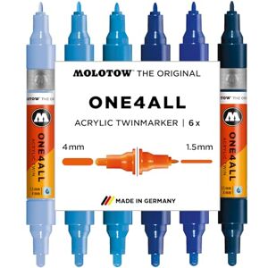 Molotow One4All Acrylic Twin Marker Blue Set (1,5 und 4,0 mm Strichstärke, hochdeckend und permanent, schnell trocknend, nachfüllbar, für fast alle Untergründe) 6 Stück sortiert Molotow One4All Acrylic Twin Marker Blue Set (1,5 und 4,0 mm Strichstärke, hochdeckend und permanent, schnell trocknend, nachfüllbar, für fast alle Untergründe) 6 Stück sortiert