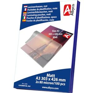 Albyco MATTE Laminierfolien, Laminiertaschen Format A3, 303x426 mm Dicke 2x80 (160) Mikron MATT 100 Stück Transparent Albyco MATTE Laminierfolien, Laminiertaschen Format A3, 303x426 mm Dicke 2x80 (160) Mikron MATT 100 Stück Transparent