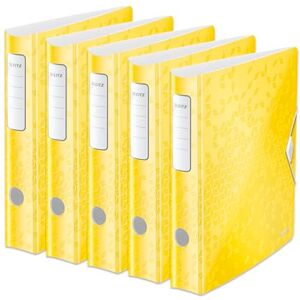 Leitz Qualitäts-Ordner 180° Active WOW, 5er Pack, A4, Schmal, Abgerundeter Rücken, 6,5 cm breit, Gummibandverschluss, Leichtes Polyfoam, Plastik-Ordner, WOW Serie, Gelb, 11070016 Leitz Qualitäts-Ordner 180° Active WOW, 5er Pack, A4, Schmal, Abgerundeter Rücken, 6,5 cm breit, Gummibandverschluss, Leichtes Polyfoam, Plastik-Ordner, WOW Serie, Gelb, 11070016