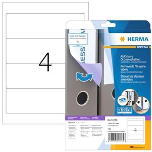 HERMA 10165 Ordnerrücken Etiketten ablösbar kurz breit, 25 Blatt, 192 x 61 mm, 4 pro A4 Bogen, 100 Stück, selbstklebend, bedruckbar, blickdicht, Papier Ordneretiketten Rückenschilder Aufkleber, weiß HERMA 10165 Ordnerrücken Etiketten ablösbar kurz breit, 25 Blatt, 192 x 61 mm, 4 pro A4 Bogen, 100 Stück, selbstklebend, bedruckbar, blickdicht, Papier Ordneretiketten Rückenschilder Aufkleber, weiß