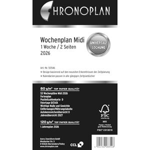 Chronoplan 50546 Kalendereinlage 2026 (Wochenplan Midi (96x172mm) Ersatzkalendarium für Terminplaner, ideal für detaillierte Wochenplanung, 1 Woche auf 2 Seiten in Spalten, mit Universallochung) weiß Chronoplan 50546 Kalendereinlage 2026 (Wochenplan Midi (96x172mm) Ersatzkalendarium für Terminplaner, ideal für detaillierte Wochenplanung, 1 Woche auf 2 Seiten in Spalten, mit Universallochung) weiß