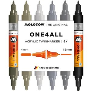 Molotow One4All Acrylic Twin Marker Grey Set (1,5 und 4,0 mm Strichstärke, hochdeckend und permanent, schnell trocknend, nachfüllbar, für fast alle Untergründe) 6 Stück sortiert Molotow One4All Acrylic Twin Marker Grey Set (1,5 und 4,0 mm Strichstärke, hochdeckend und permanent, schnell trocknend, nachfüllbar, für fast alle Untergründe) 6 Stück sortiert