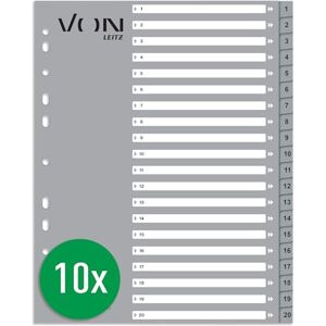 Leitz VON 10er Pack Zahlen-Register A4, 1-20 nummerierte Trennblätter für Ordner, PP, Extra breit, 11-Loch-Universalregister für Schnellhefter & Ringbücher, Grau, 12720085 Leitz VON 10er Pack Zahlen-Register A4, 1-20 nummerierte Trennblätter für Ordner, PP, Extra breit, 11-Loch-Universalregister für Schnellhefter & Ringbücher, Grau, 12720085