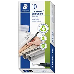 Staedtler permanent Marker Lumocolor, schwarz, F-Spitze Linienbreite ca. 0,6 mm, wisch- und wasserfest, Made in Germany, nachfüllbar, lange Lebensdauer, 10 Universalstifte im Kartonetui, 318-9 Staedtler permanent Marker Lumocolor, schwarz, F-Spitze Linienbreite ca. 0,6 mm, wisch- und wasserfest, Made in Germany, nachfüllbar, lange Lebensdauer, 10 Universalstifte im Kartonetui, 318-9