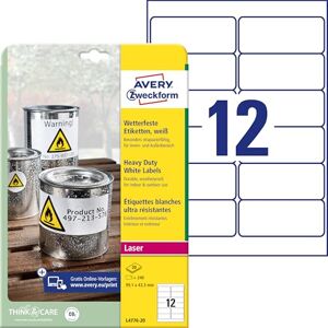 Avery L4776-20 Wetterfeste Folienetiketten (240 Klebeetiketten, 99,1x42,3mm auf A4, extrem stark selbstklebend, wasserfest, strapazierfähig, bedruckbare Outdoor Klebefolie) 20 Blatt, weiß Avery L4776-20 Wetterfeste Folienetiketten (240 Klebeetiketten, 99,1x42,3mm auf A4, extrem stark selbstklebend, wasserfest, strapazierfähig, bedruckbare Outdoor Klebefolie) 20 Blatt, weiß