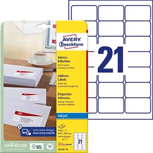 Avery J8160-10 Adressetiketten/ Adressaufkleber (210 Etiketten, 63,5x38,1mm auf A4, bedruckbar, selbstklebend, für DIN B6/C6 Briefkuverts, Papier matt, Inkjet-Drucker) 10 Blatt, weiß Avery J8160-10 Adressetiketten/ Adressaufkleber (210 Etiketten, 63,5x38,1mm auf A4, bedruckbar, selbstklebend, für DIN B6/C6 Briefkuverts, Papier matt, Inkjet-Drucker) 10 Blatt, weiß