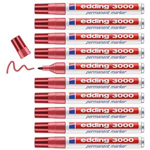 edding 3000 Permanentmarker karmin-rot 10 Stifte Rund-Spitze 1,5-3 mm schnell trocknender Permanent Marker wasserfest, wischfest für Karton, Kunststoff, Holz, Metall Universalmarker edding 3000 Permanentmarker karmin-rot 10 Stifte Rund-Spitze 1,5-3 mm schnell trocknender Permanent Marker wasserfest, wischfest für Karton, Kunststoff, Holz, Metall Universalmarker