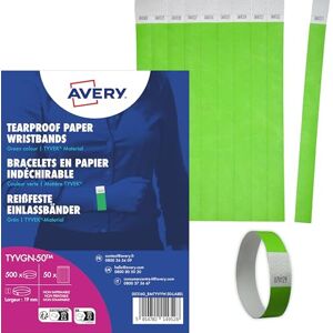 Avery TYVGN-50 Einlassbänder Tyvek 500 Stück (256x19mm, fortlaufend nummeriert, reiß- und wasserfest, sicherer Klebeverschluss, Eintrittsbänder, Event Armbänder, Securebänder) neongrün Avery TYVGN-50 Einlassbänder Tyvek 500 Stück (256x19mm, fortlaufend nummeriert, reiß- und wasserfest, sicherer Klebeverschluss, Eintrittsbänder, Event Armbänder, Securebänder) neongrün