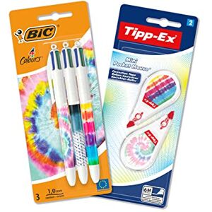 BIC 4 Colours 4 Farben Kugelschreiber und Tipp-Ex Korrekturroller Schreibwaren Set, in Tie Dye Batik Optik, 3 Stifte und 2 Korrekturmäuse BIC 4 Colours 4 Farben Kugelschreiber und Tipp-Ex Korrekturroller Schreibwaren Set, in Tie Dye Batik Optik, 3 Stifte und 2 Korrekturmäuse
