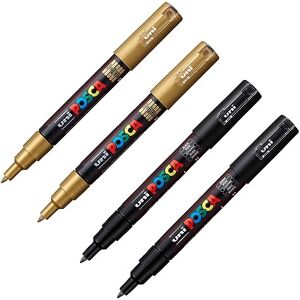 Faber-Castell Uni-Ball 205081 POSCA Marker Set, gold und schwarz, 4 Stück, Acrylstifte PC-1MC, 0,7 mm Faber-Castell Uni-Ball 205081 POSCA Marker Set, gold und schwarz, 4 Stück, Acrylstifte PC-1MC, 0,7 mm