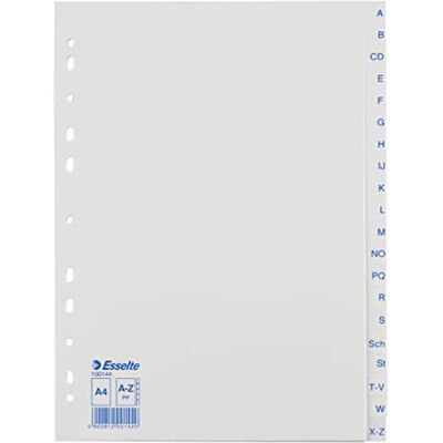 Leitz Esselte Register für A4, 20 Trennblätter, Taben mit alphabetischem Aufdruck A-Z, Blau/weiß, Robuster Kunststoff, 100144 Leitz Esselte Register für A4, 20 Trennblätter, Taben mit alphabetischem Aufdruck A-Z, Blau/weiß, Robuster Kunststoff, 100144