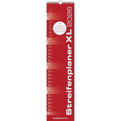 Alpha Streifenplaner XL Rot Kalender 2026 – 15x64 cm – Schmaler Wandplaner – Einspaltiger Langplaner für Küche, Büro & Haushalt – Mit Platz für Notizen & Feiertagen (DE/AT/CH) Alpha Streifenplaner XL Rot Kalender 2026 – 15x64 cm – Schmaler Wandplaner – Einspaltiger Langplaner für Küche, Büro & Haushalt – Mit Platz für Notizen & Feiertagen (DE/AT/CH)