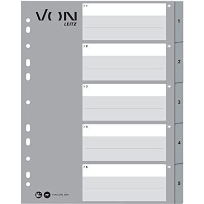 Leitz VON 10er Pack Zahlen-Register A4, 1-5 nummerierte Trennblätter für Ordner, PP, Extra breit, 11-Loch-Universalregister für Schnellhefter & Ringbücher, Grau, 12590085 Leitz VON 10er Pack Zahlen-Register A4, 1-5 nummerierte Trennblätter für Ordner, PP, Extra breit, 11-Loch-Universalregister für Schnellhefter & Ringbücher, Grau, 12590085