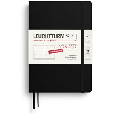 LEUCHTTURM1917 Wochenkalender 2027 Medium (A5) Deutsch, Schwarz, Hardcover, 145 x 210 mm, 18 Monate 07. 2026-12.2027, 1 Woche pro Doppelseite, 80 g/m² Papier mit hoher Tintenverträglichkeit LEUCHTTURM1917 Wochenkalender 2027 Medium (A5) Deutsch, Schwarz, Hardcover, 145 x 210 mm, 18 Monate 07. 2026-12.2027, 1 Woche pro Doppelseite, 80 g/m² Papier mit hoher Tintenverträglichkeit