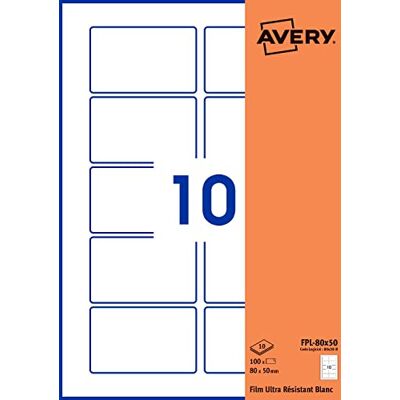 Avery Packung mit 100 selbstklebenden Etiketten, rechteckig, Polyesterfolie, weiß, Format 80 x 50 mm, personalisierbar und bedruckbar (FPL-80 x 50 mm) Avery Packung mit 100 selbstklebenden Etiketten, rechteckig, Polyesterfolie, weiß, Format 80 x 50 mm, personalisierbar und bedruckbar (FPL-80 x 50 mm)