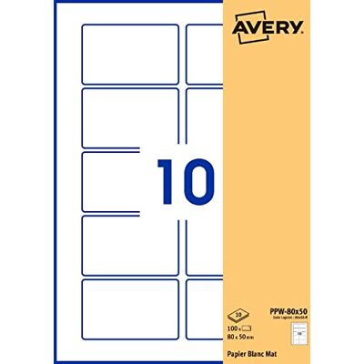 Avery Selbstklebende Etiketten, rechteckig, personalisierbar, 80 x 50 mm, weißes Papier, 100 Stück Avery Selbstklebende Etiketten, rechteckig, personalisierbar, 80 x 50 mm, weißes Papier, 100 Stück