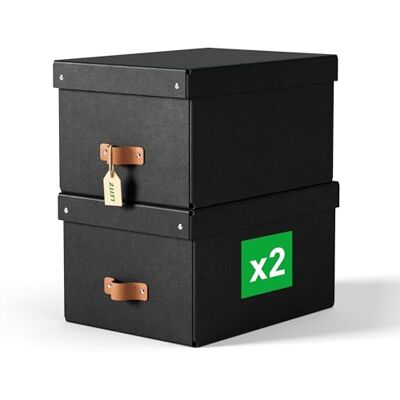Leitz Puro Aufbewahrungsbox mit Deckel, Medium, 2er-Set, Box 17 L, stapelbar, Organizer-Box für Regale und Schränke, FSC-Karton, für Büro und Home Office, 26 x 35 x 20 cm, Schwarz, 61490095 Leitz Puro Aufbewahrungsbox mit Deckel, Medium, 2er-Set, Box 17 L, stapelbar, Organizer-Box für Regale und Schränke, FSC-Karton, für Büro und Home Office, 26 x 35 x 20 cm, Schwarz, 61490095