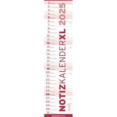 Alpha Notizkalender XL ROT 2025 Streifenkalender, 15x64cm, Wandkalender mit Platz für Notizen und Zusatzinformationen, Mondphasen und deutschem Kalendarium Alpha Notizkalender XL ROT 2025 Streifenkalender, 15x64cm, Wandkalender mit Platz für Notizen und Zusatzinformationen, Mondphasen und deutschem Kalendarium