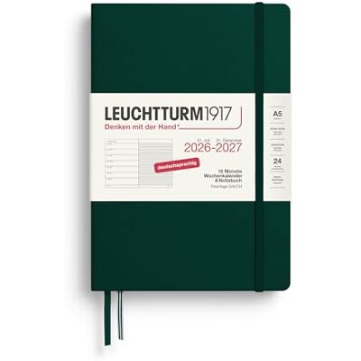 LEUCHTTURM1917 Wochenkalender 2027 A5 mit Notizbuch, liniert, Terminplaner Deutsch, 18 Monate Juli 2026 Dezember 2027, Forest Green, Hardcover 210 x 145 mm, Wochenübersicht links + Notizseite rechts LEUCHTTURM1917 Wochenkalender 2027 A5 mit Notizbuch, liniert, Terminplaner Deutsch, 18 Monate Juli 2026 Dezember 2027, Forest Green, Hardcover 210 x 145 mm, Wochenübersicht links + Notizseite rechts