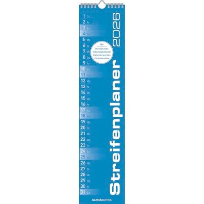 Alpha Streifenplaner Blau Kalender 2026 – 11,3x49,5 cm – Wandplaner für Haushalt, Büro & Familie – Praktischer Küchenkalender mit neutralem Design – FSC-zertifiziert Alpha Streifenplaner Blau Kalender 2026 – 11,3x49,5 cm – Wandplaner für Haushalt, Büro & Familie – Praktischer Küchenkalender mit neutralem Design – FSC-zertifiziert