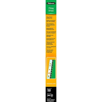 Fellowes Abheftstreifen zur Verwendung mit Plastikbinderücken A4 (21 Ringe, Stanzteilung 14,28mm), 100 Stück, transparent Fellowes Abheftstreifen zur Verwendung mit Plastikbinderücken A4 (21 Ringe, Stanzteilung 14,28mm), 100 Stück, transparent
