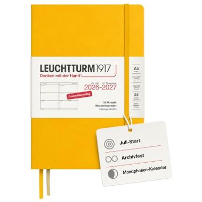 LEUCHTTURM1917 Wochenkalender 2027 Medium (A5) Deutsch, Sunflower, Hardcover, 145 x 210 mm, 18 Monate 07. 2026-12.2027, 1 Woche pro Doppelseite, 80 g/m² Papier mit hoher Tintenverträglichkeit LEUCHTTURM1917 Wochenkalender 2027 Medium (A5) Deutsch, Sunflower, Hardcover, 145 x 210 mm, 18 Monate 07. 2026-12.2027, 1 Woche pro Doppelseite, 80 g/m² Papier mit hoher Tintenverträglichkeit