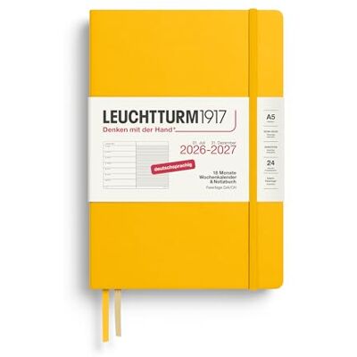 LEUCHTTURM1917 Wochenkalender 2027 A5 mit Notizbuch, liniert Terminplaner Deutsch, 18 Monate Juli 2026 Dezember 2027, Sunflower, Hardcover, 210 x 145 mm, Wochenübersicht links + Notizseite rechts LEUCHTTURM1917 Wochenkalender 2027 A5 mit Notizbuch, liniert Terminplaner Deutsch, 18 Monate Juli 2026 Dezember 2027, Sunflower, Hardcover, 210 x 145 mm, Wochenübersicht links + Notizseite rechts