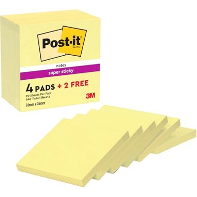 Post-it Super Sticky Notes, 4 + 2 Gratis-Blöcke (540 Blatt), 76 mm x 76 mm Schulbedarf zum Schulanfang; Haftnotizen mit Stärkerer Haftung für Hausaufgaben, Lernnotizen, Planer und Organisation Post-it Super Sticky Notes, 4 + 2 Gratis-Blöcke (540 Blatt), 76 mm x 76 mm Schulbedarf zum Schulanfang; Haftnotizen mit Stärkerer Haftung für Hausaufgaben, Lernnotizen, Planer und Organisation