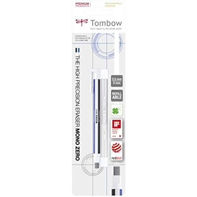 Tombow EHR-KUS Präzisionsradierer MONO zero und Nachfüllung eckige Spitze, 2.5 x 5 mm, weiß/blau/schwarz Tombow EHR-KUS Präzisionsradierer MONO zero und Nachfüllung eckige Spitze, 2.5 x 5 mm, weiß/blau/schwarz