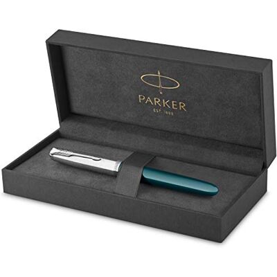 Parker 51 Füller Petrolblauer Schaft mit Chromfarbenen Zierteilen Füllfederhalter mit feiner Feder und schwarzer Tintenpatrone Geschenkbox Parker 51 Füller Petrolblauer Schaft mit Chromfarbenen Zierteilen Füllfederhalter mit feiner Feder und schwarzer Tintenpatrone Geschenkbox
