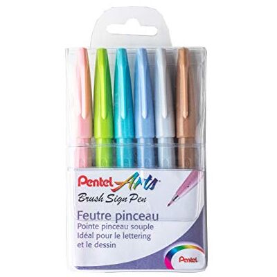 Pentel Arts Brush Sign Pen SES15C/6PASTEL, Packung mit 6 Pinselstiften, verschiedene Pastellfarben Pentel Arts Brush Sign Pen SES15C/6PASTEL, Packung mit 6 Pinselstiften, verschiedene Pastellfarben