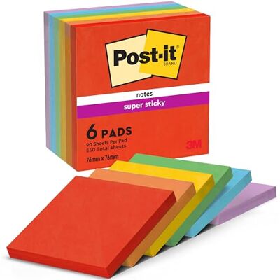 Post-it Super Sticky Notes, 6 Blöcke (540 Blatt), 76 mm x 76 mm Selbstklebende Haftnotizen mit Stärkerer Haftung, Klebezettel für Bürobedarf, Erinnerungen & To-Do-Listen; Repositionierbar Post-it Super Sticky Notes, 6 Blöcke (540 Blatt), 76 mm x 76 mm Selbstklebende Haftnotizen mit Stärkerer Haftung, Klebezettel für Bürobedarf, Erinnerungen & To-Do-Listen; Repositionierbar