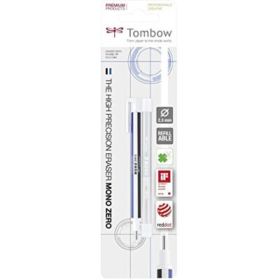 Tombow EHR-KUR Präzisionsradierer MONO zero und Nachfüllung runde Spitze, 2.3 mm Durchmesser, weiß/blau/schwarz Tombow EHR-KUR Präzisionsradierer MONO zero und Nachfüllung runde Spitze, 2.3 mm Durchmesser, weiß/blau/schwarz