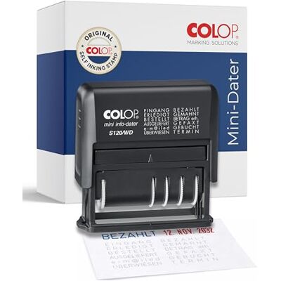 COLOP Datumstempel S120/WD mit 12 Texten selbstfärbender Bürostempel Wortbanddrehstempel mit integriertem Stempelkissen Wortbandstempel Selbstfärbestempel für Bürobedarf COLOP Datumstempel S120/WD mit 12 Texten selbstfärbender Bürostempel Wortbanddrehstempel mit integriertem Stempelkissen Wortbandstempel Selbstfärbestempel für Bürobedarf