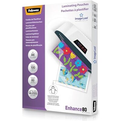 Fellowes Laminierfolien A4 ImageLast, 80 Mikron (2 x 80 mic), glänzend, 100 Stück, transparent mit Ausrichtungshilfe Fellowes Laminierfolien A4 ImageLast, 80 Mikron (2 x 80 mic), glänzend, 100 Stück, transparent mit Ausrichtungshilfe