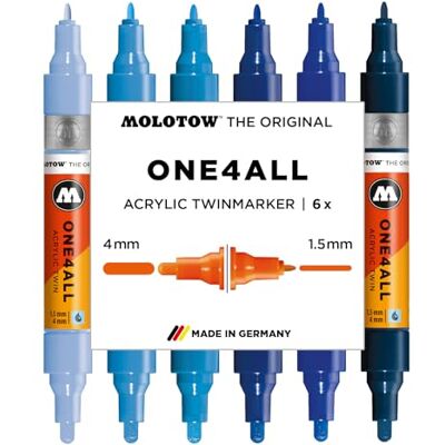 Molotow One4All Acrylic Twin Marker Blue Set (1,5 und 4,0 mm Strichstärke, hochdeckend und permanent, schnell trocknend, nachfüllbar, für fast alle Untergründe) 6 Stück sortiert Molotow One4All Acrylic Twin Marker Blue Set (1,5 und 4,0 mm Strichstärke, hochdeckend und permanent, schnell trocknend, nachfüllbar, für fast alle Untergründe) 6 Stück sortiert