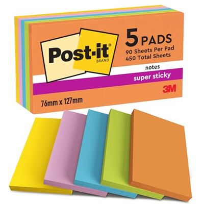 Post-it Super Sticky Notes, 5 Blöcke (450 Blatt), 127 mm x 76 mm Selbstklebende Haftnotizen mit Stärkerer Haftung, Klebezettel für Bürobedarf, Erinnerungen & To-Do-Listen; Repositionierbar Post-it Super Sticky Notes, 5 Blöcke (450 Blatt), 127 mm x 76 mm Selbstklebende Haftnotizen mit Stärkerer Haftung, Klebezettel für Bürobedarf, Erinnerungen & To-Do-Listen; Repositionierbar