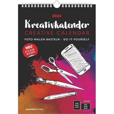 Alpha Kreativ-Kalender A4 Schwarz 2026 – Bastelkalender (21×29,7 cm) mit Platz für Fotos & kreative Gestaltung, inkl. Stickerbogen, schwarzer Hintergrund, ideal zum Malen & Basteln Alpha Kreativ-Kalender A4 Schwarz 2026 – Bastelkalender (21×29,7 cm) mit Platz für Fotos & kreative Gestaltung, inkl. Stickerbogen, schwarzer Hintergrund, ideal zum Malen & Basteln