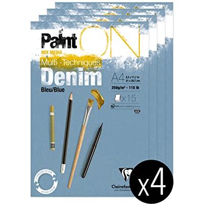 Clairefontaine 975701C Packung mit 4 Blöcken Paint´ON Denim, DIN A4, kopfseitig geleimt, 15 Blatt, 250g, denimblau, 4 Stück Clairefontaine 975701C Packung mit 4 Blöcken Paint´ON Denim, DIN A4, kopfseitig geleimt, 15 Blatt, 250g, denimblau, 4 Stück
