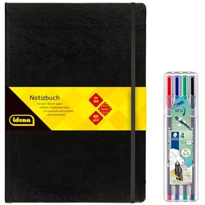 Idena 90334 Notizbuch DIN A4 mit 192 Seiten, kariert, inkl. 4 STAEDTLER Triplus Fineliner mit superfeiner, metallgefasster Spitze, 0.3 mm Idena 90334 Notizbuch DIN A4 mit 192 Seiten, kariert, inkl. 4 STAEDTLER Triplus Fineliner mit superfeiner, metallgefasster Spitze, 0.3 mm