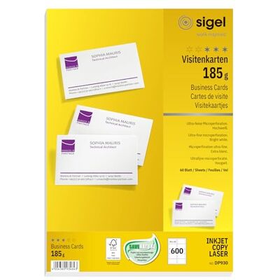 Sigel Visitenkarten bedruckbar hochweiß 600 Stk 85x55 mm DP930, 185 g Papier, 60 Blatt, nachhaltige Papierqualität für hohe Druckmengen Sigel Visitenkarten bedruckbar hochweiß 600 Stk 85x55 mm DP930, 185 g Papier, 60 Blatt, nachhaltige Papierqualität für hohe Druckmengen