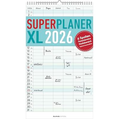 Alpha Superplaner XL 6 Spalten 2026 – Familienkalender 26×45 cm mit 6 Spalten & Notizbereich, übersichtlicher Familienplaner & Wandkalender mit Ferienterminen für große Familien Alpha Superplaner XL 6 Spalten 2026 – Familienkalender 26×45 cm mit 6 Spalten & Notizbereich, übersichtlicher Familienplaner & Wandkalender mit Ferienterminen für große Familien