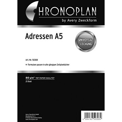 Avery 50308 Adress-Einlagen zum Nachfüllen für Terminplaner (A5-Format, 25 Adressblätter mit Universallochung, 80g/m², übersichtliche Adresssammlung von Kontaktdaten, für viele Organizer) Avery 50308 Adress-Einlagen zum Nachfüllen für Terminplaner (A5-Format, 25 Adressblätter mit Universallochung, 80g/m², übersichtliche Adresssammlung von Kontaktdaten, für viele Organizer)