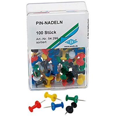 WEDO 54299 Pinnadeln Diabolo-Form, Länge 2,3 cm, Kopfdurchmesser 9 mm, Nadellänge 1,1 cm, 100 Stück in Klarsichtdose, farbig sortiert WEDO 54299 Pinnadeln Diabolo-Form, Länge 2,3 cm, Kopfdurchmesser 9 mm, Nadellänge 1,1 cm, 100 Stück in Klarsichtdose, farbig sortiert